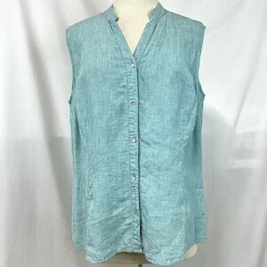 CHEROKEE Vintage 90s Green 100% Linen V Neck Button Tank Top Women's L Coastal